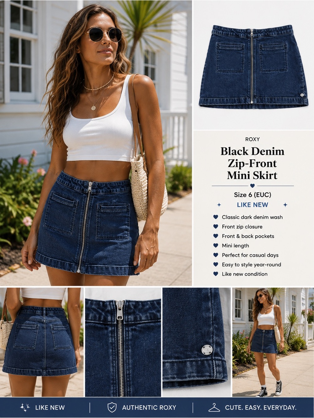 Roxy Black Denim Zip-Front Mini Skirt - Size 6 - EUC